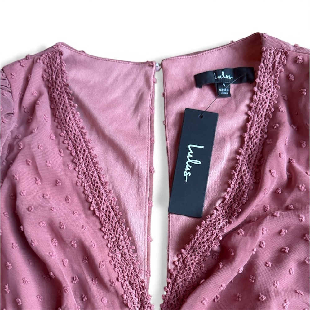 LULUS Charming Approach Rusty Rose Swiss Dot Tiered Mini Dress NWT Sz Small - Picture 7 of 13